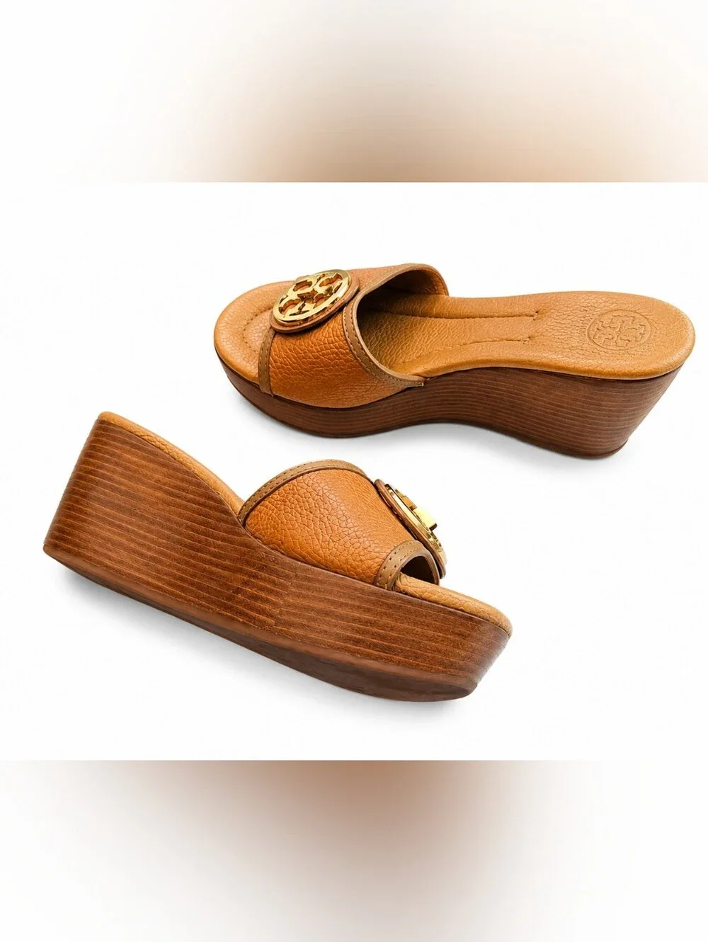 Tory Burch Tan Leather Selma Platform Wedge Sandals Size 8